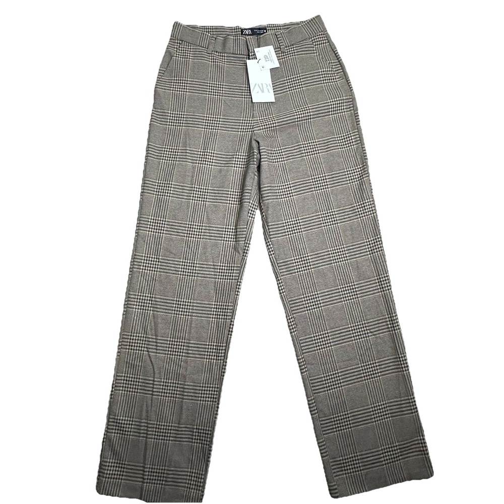 ZARA Women M Brown Glen Plaid High‎ Rise Tailored Straight Leg Dress Pants